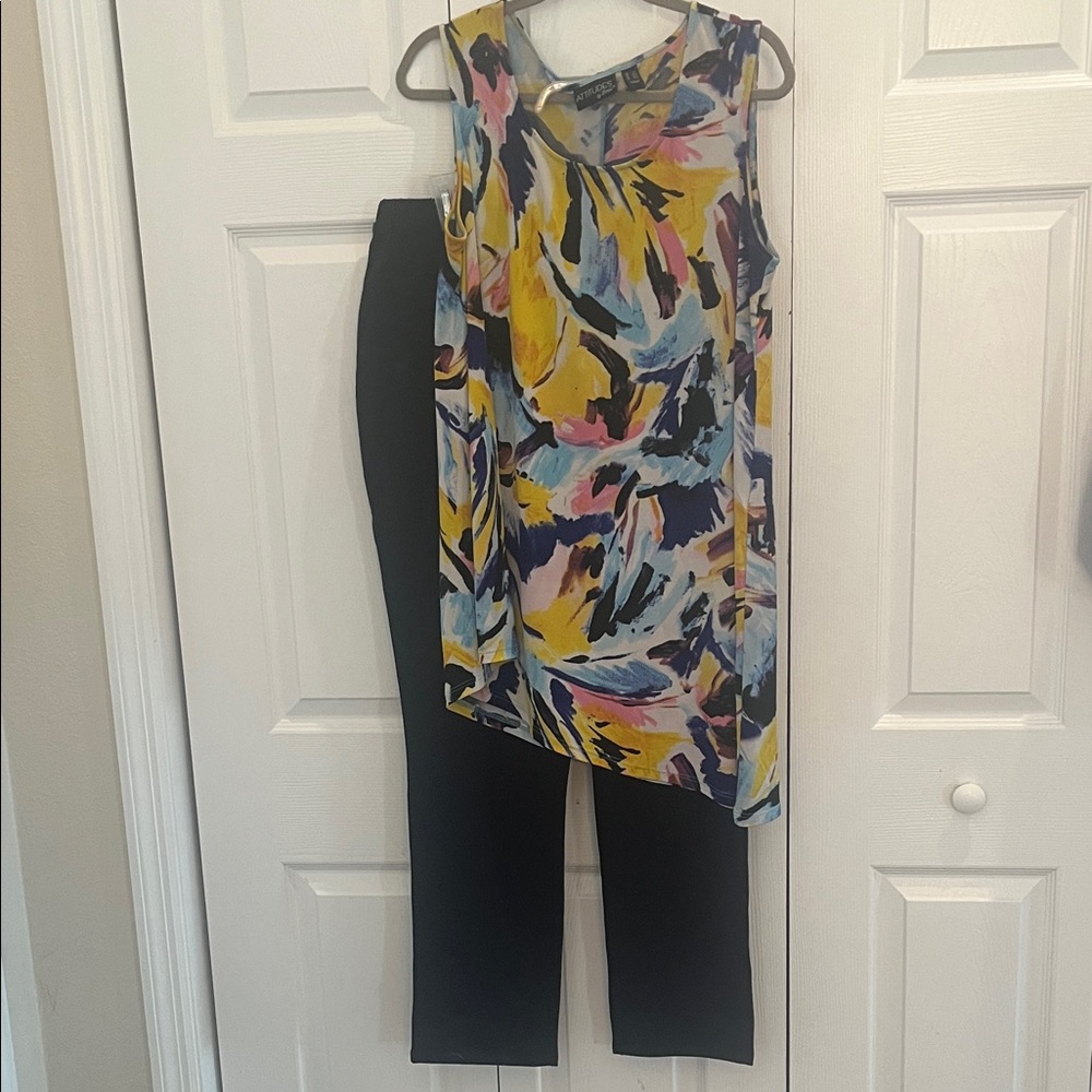 Attitudes by Renee Multicolor Abstract Top and black pants set